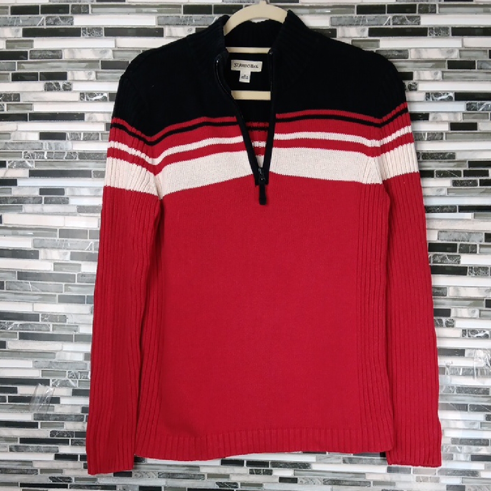 Vintage St.Johns Bay M Red Black Striped Cowlneck Sweater Cable Knit Warm Cozy